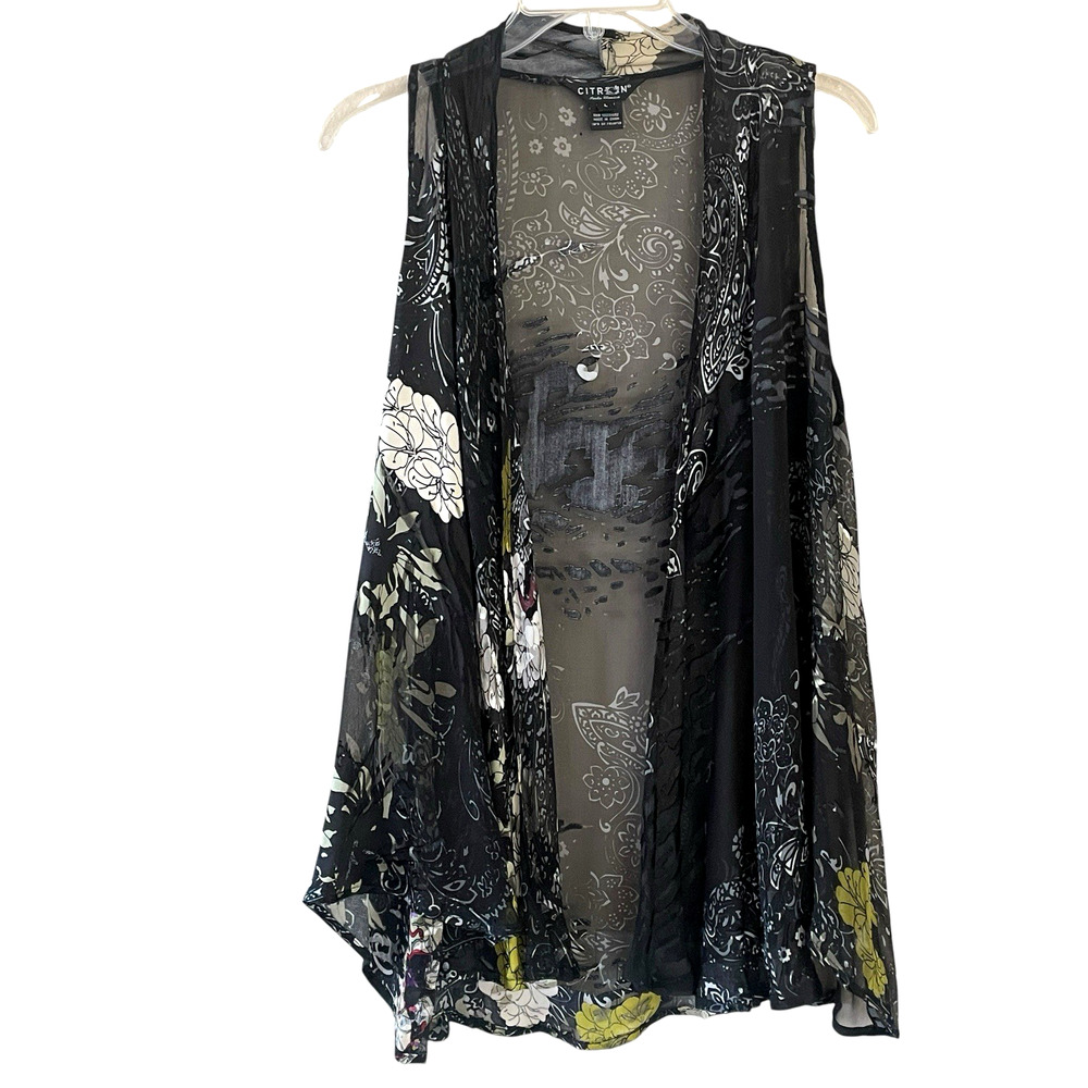 CITRON SANTA MONICA Large Black Green Open Floral Burnout Sleeveless Vest Top